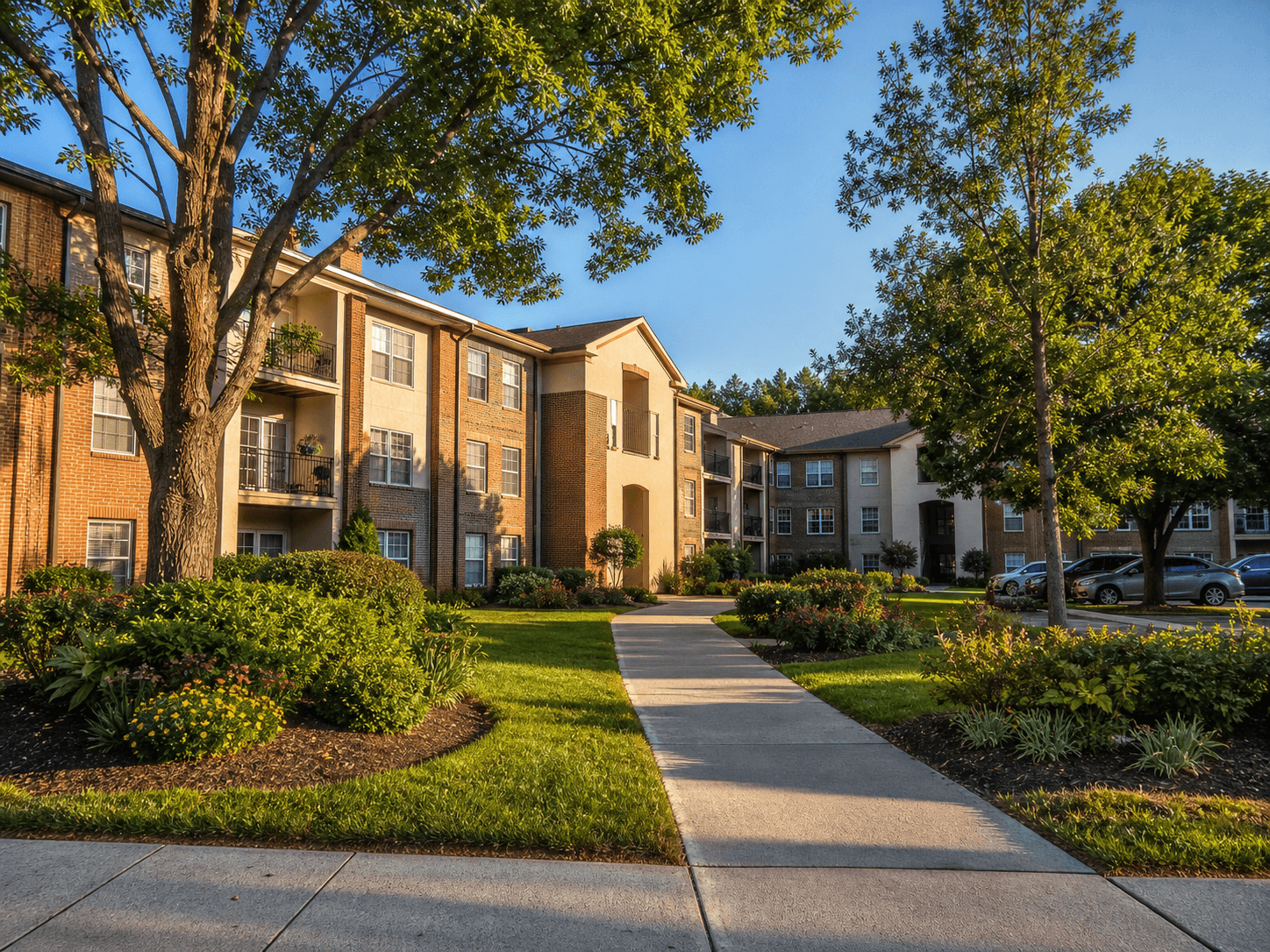 Apartment community exterior with a landscaped entry